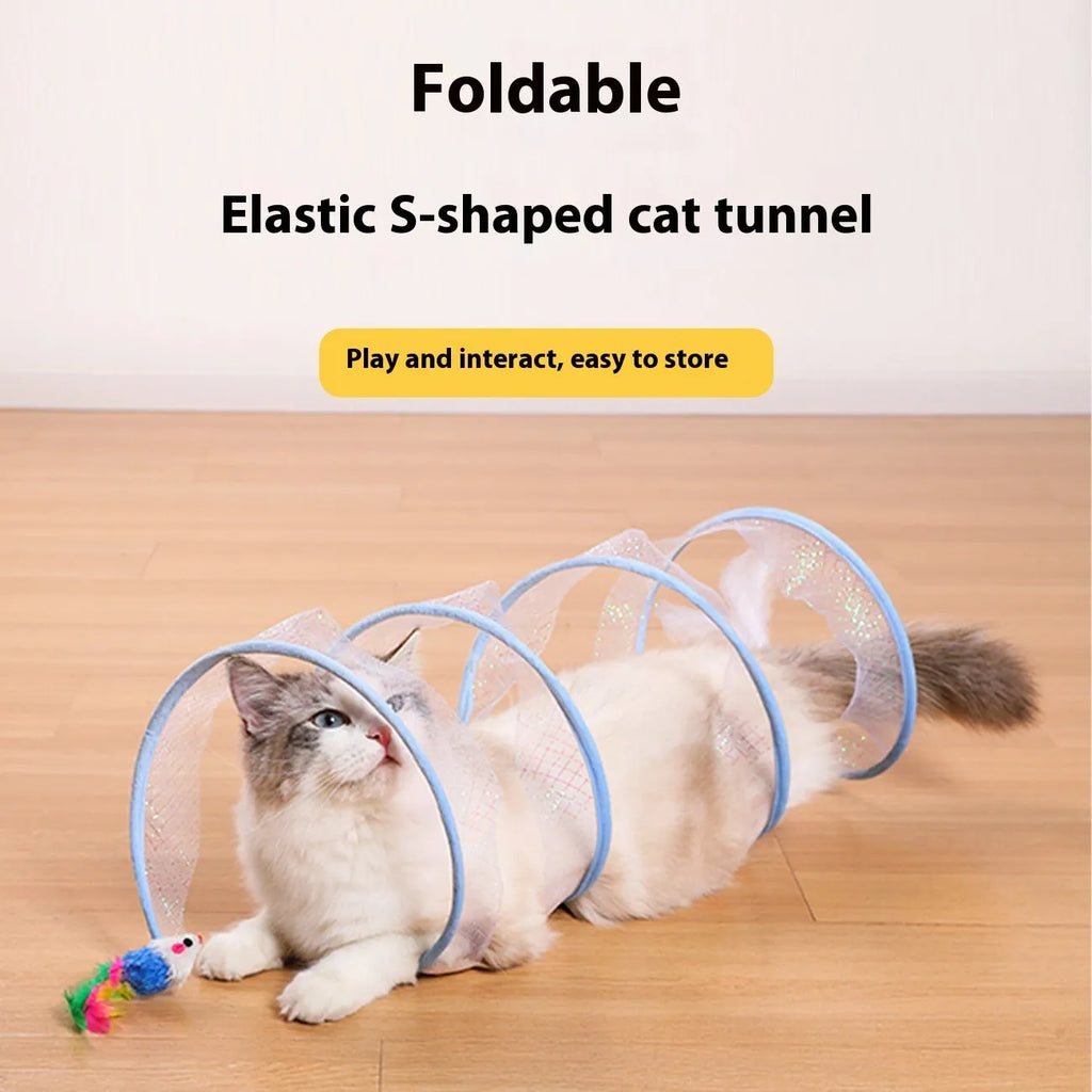 S-type cat tunnel toy with steel wire frame, elastic net walls and attached feather teaser element