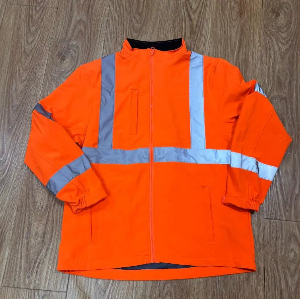 Black soft shell waterproof night reflective work coat with polyester fabric and medium length