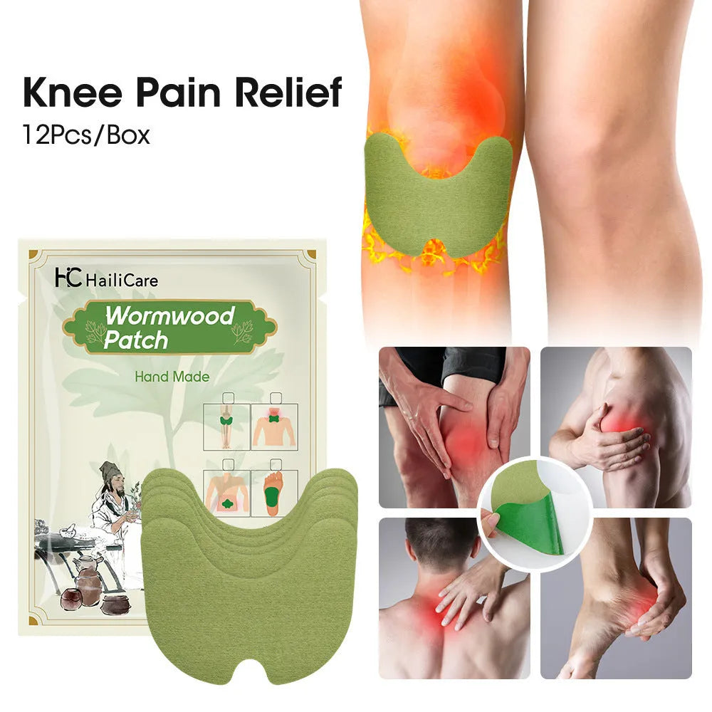 Bag of 12 Chinese mugwort herbal adhesive patches for knee, lumbar, cervical spine and foot application.