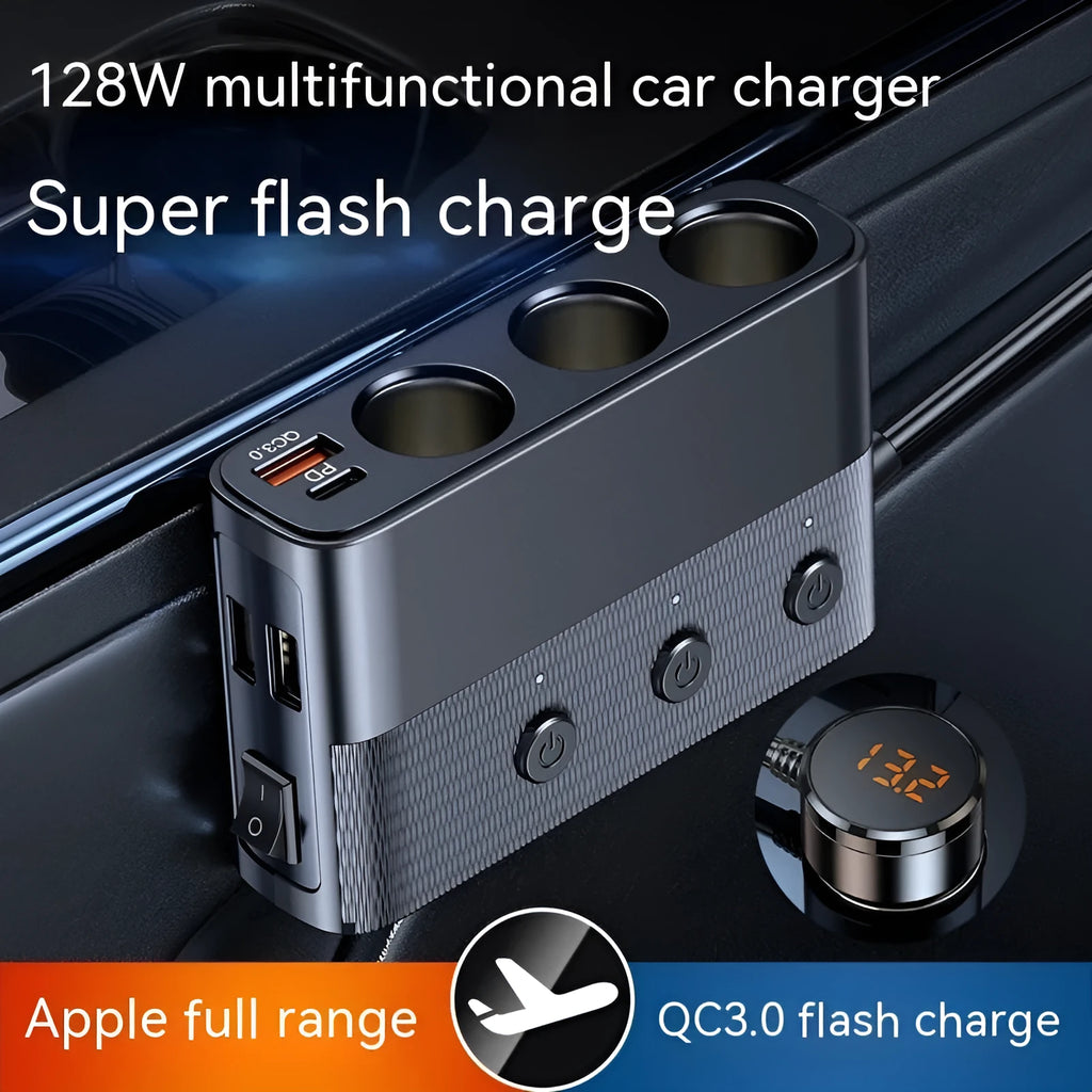 C28 Black vehicle cigarette lighter power adapter with USB and PD ports, 1 metre cable