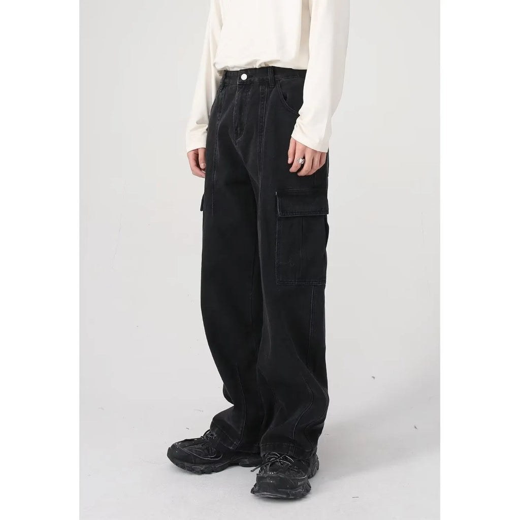 Loose straight-leg workwear jeans in non-stretch cotton denim, blue or black, sizes S to 3XL.