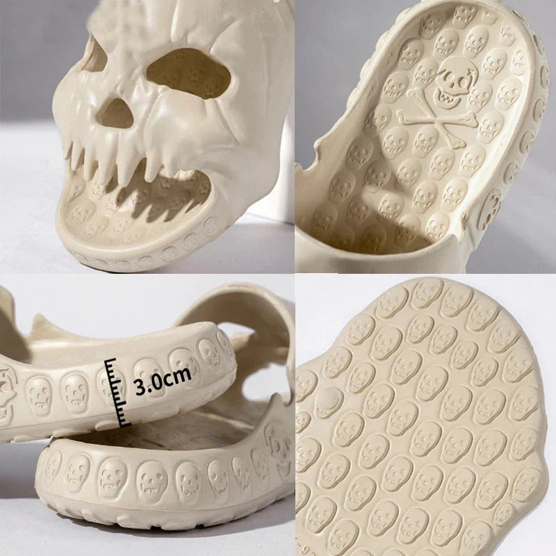 Spooky skull-patterned slide sandals in various colors, perfect for indoor and outdoor wear during the Halloween season