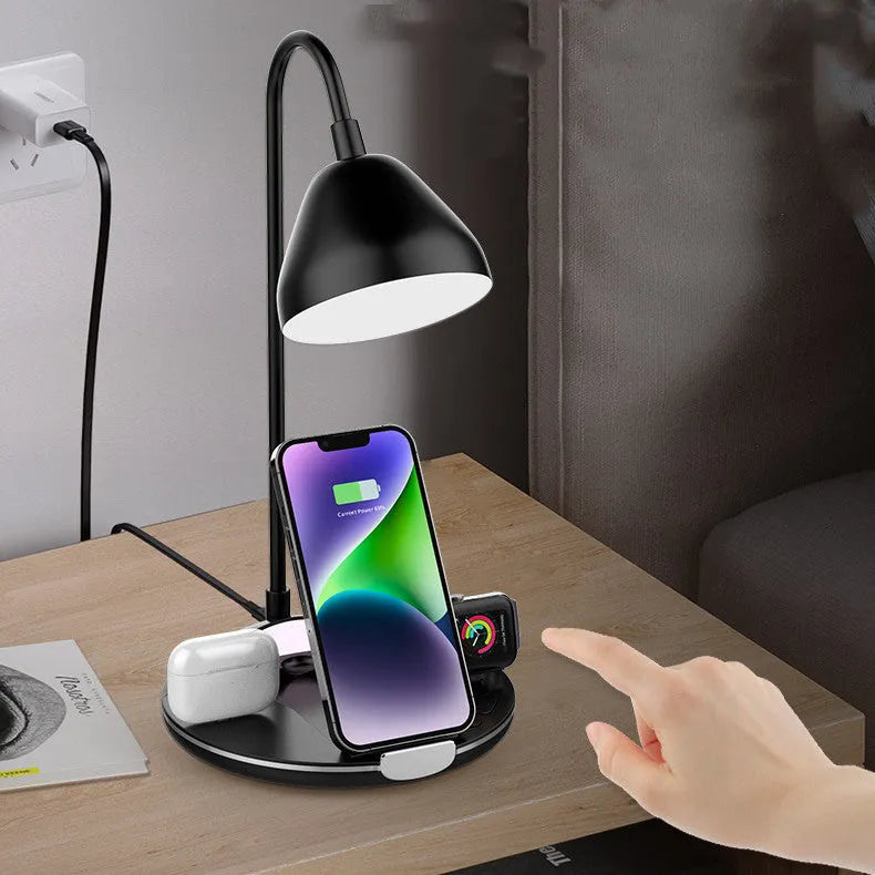 Black magnetic folding wireless charger with phone stand unfolded showing iPhone placement