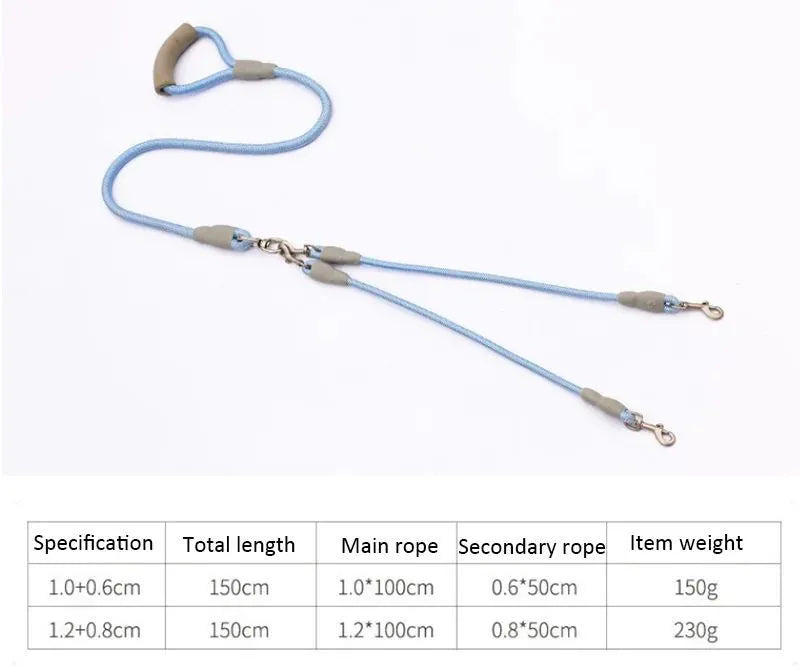 Double dog leash for two pets with foam handle and metal buckles in blue colour