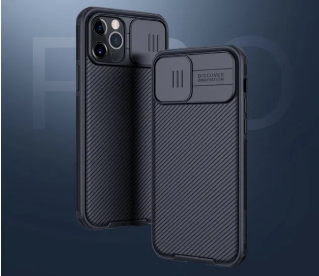NILLKIN Black Mirror Pro Series phone case for iPhone 12 with sliding camera cover in black, blue and green options