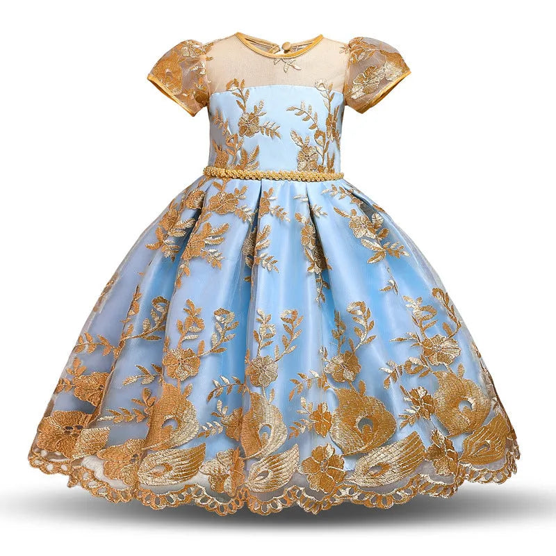 Blue girls puffy princess dress with lace bow on front, cotton blended fabric, European style, size 110cm for age 3-4