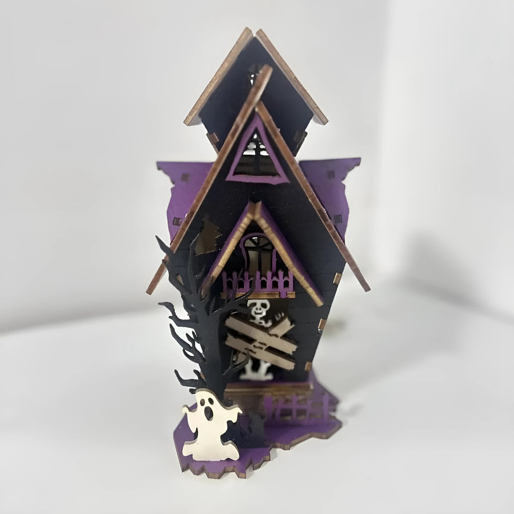 Wooden Halloween haunted house table decoration with candlestick design measuring 14x10.5x19cm