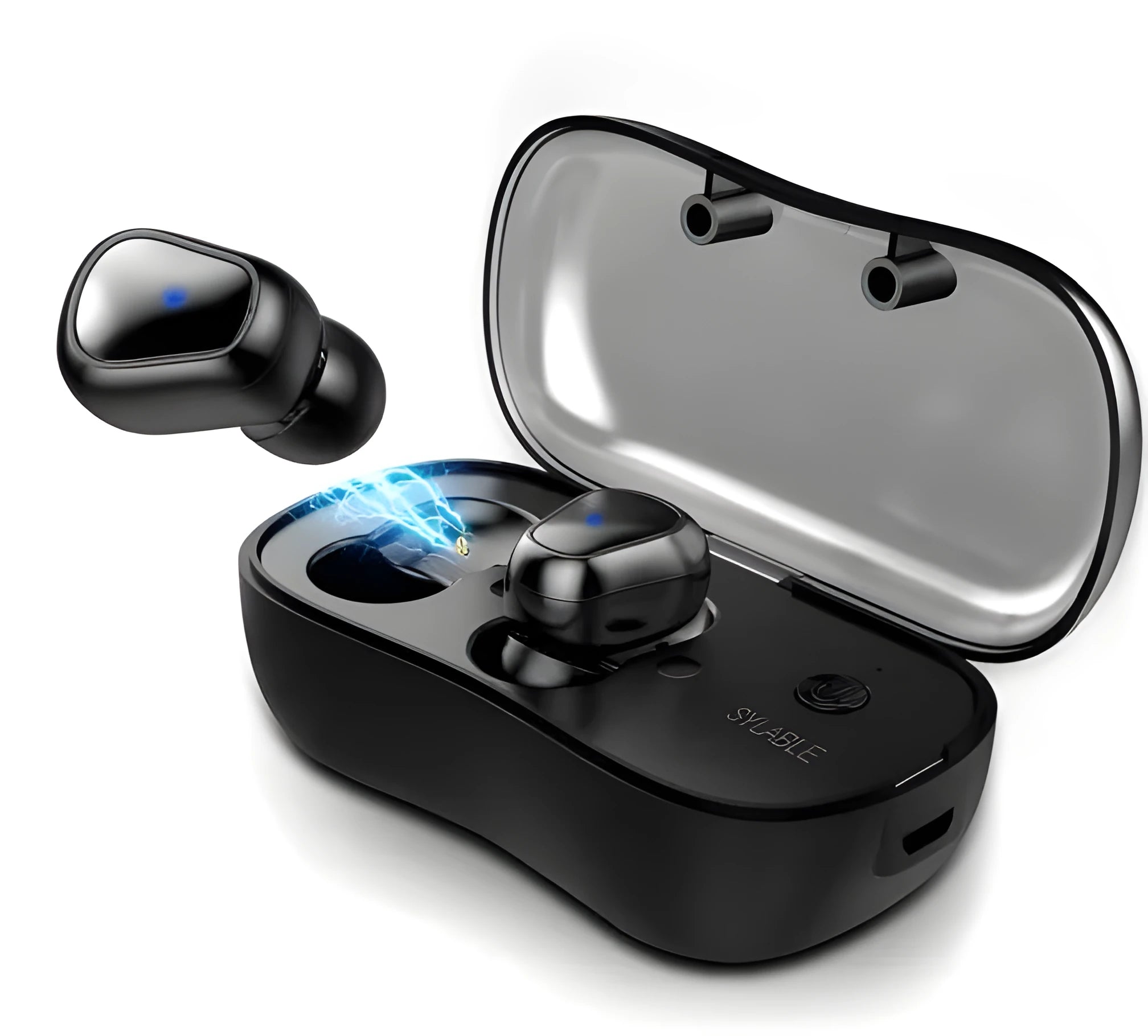 White wireless TWS sports earbuds and a small rectangular charging case on a grey background.