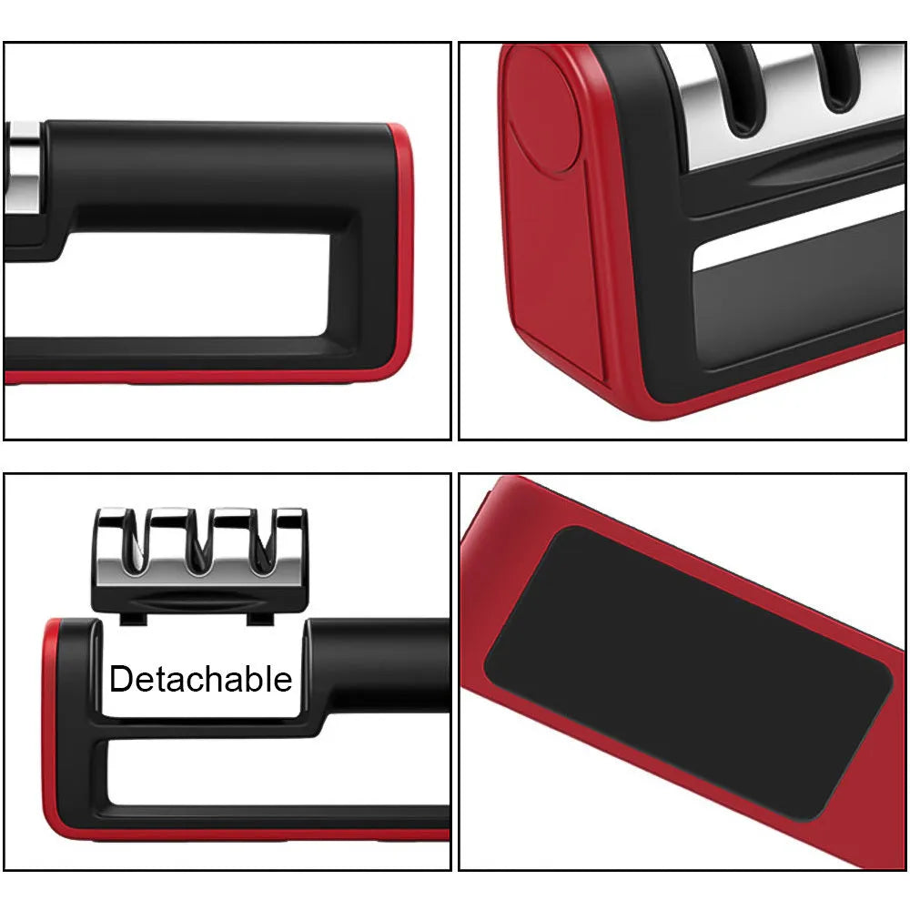Black and red three-stage manual knife sharpener with rubber feet on base