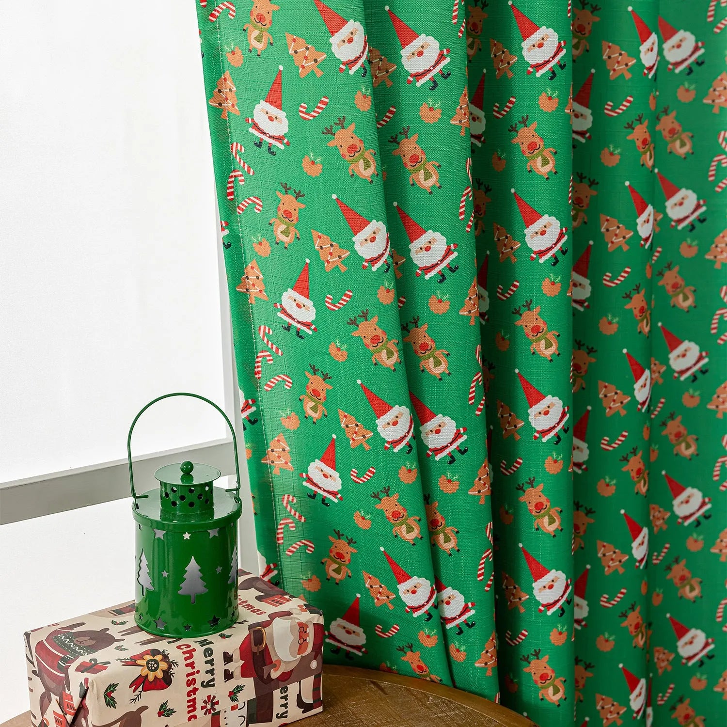 Christmas curtain with snowman angel cartoon print in green or red, 1 metre length