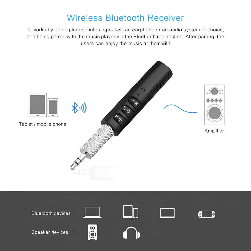 Black Bluetooth car audio receiver adapter with 3.5mm AUX connection for wireless music streaming