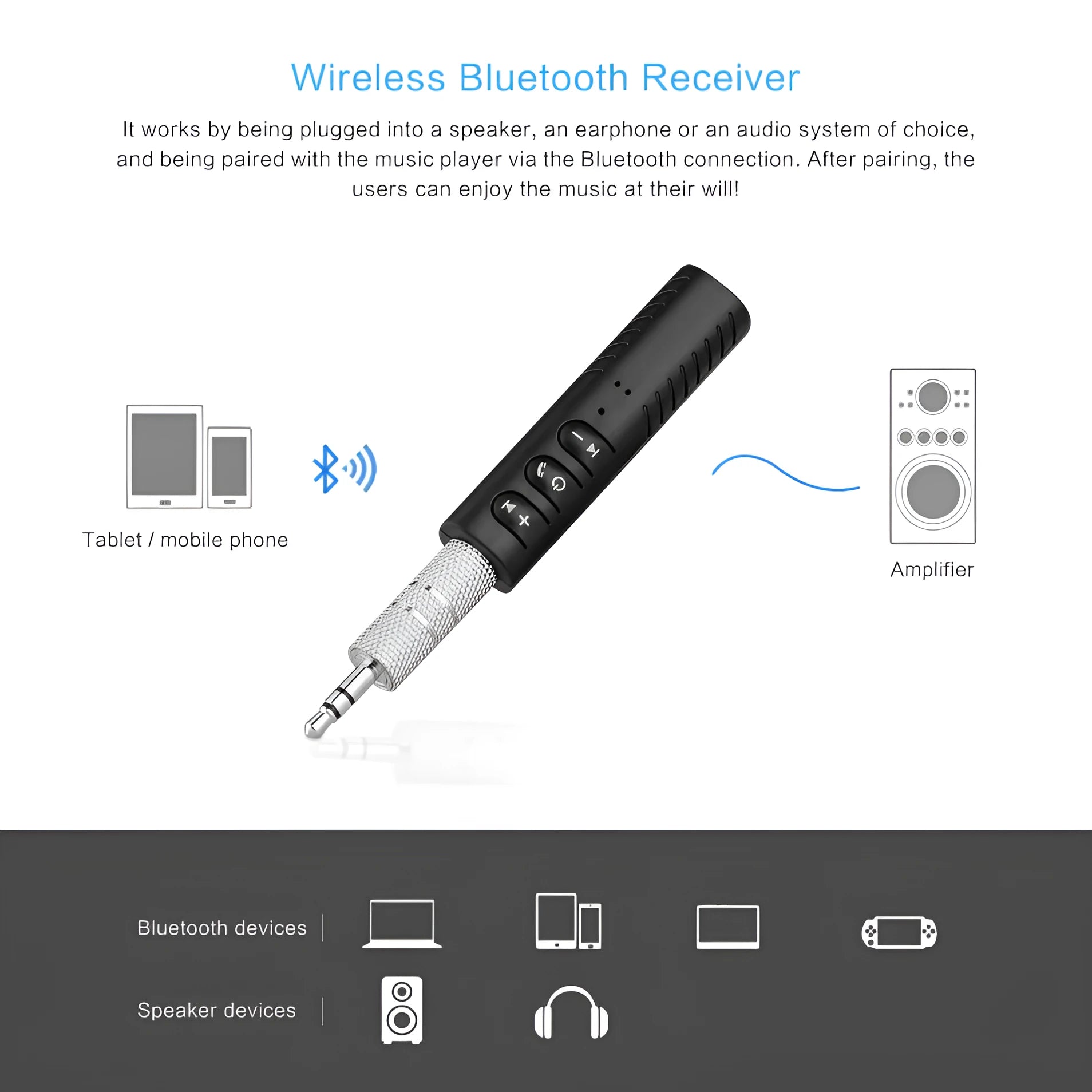 Black Bluetooth car audio receiver adapter with 3.5mm AUX connection for wireless music streaming