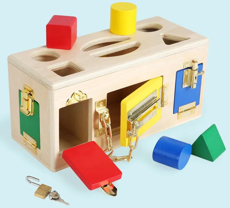 Wooden shape lock box educational toy for preschool children with twelve pieces