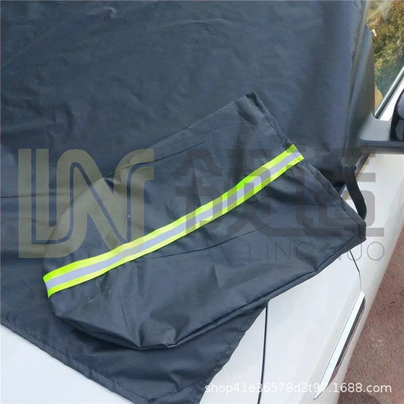 Magnetic car snow shield in black or silver, shown covering a car windscreen, available in 215x150x125cm and 245x180x145cm.
