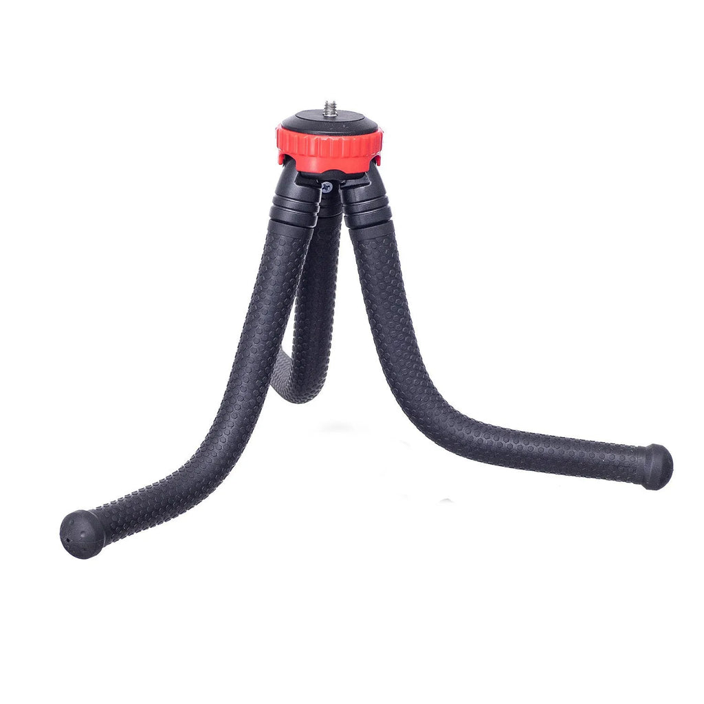 Black flexible octopus tripod with wrapped legs and spherical gimbal head for mounting a smartphone