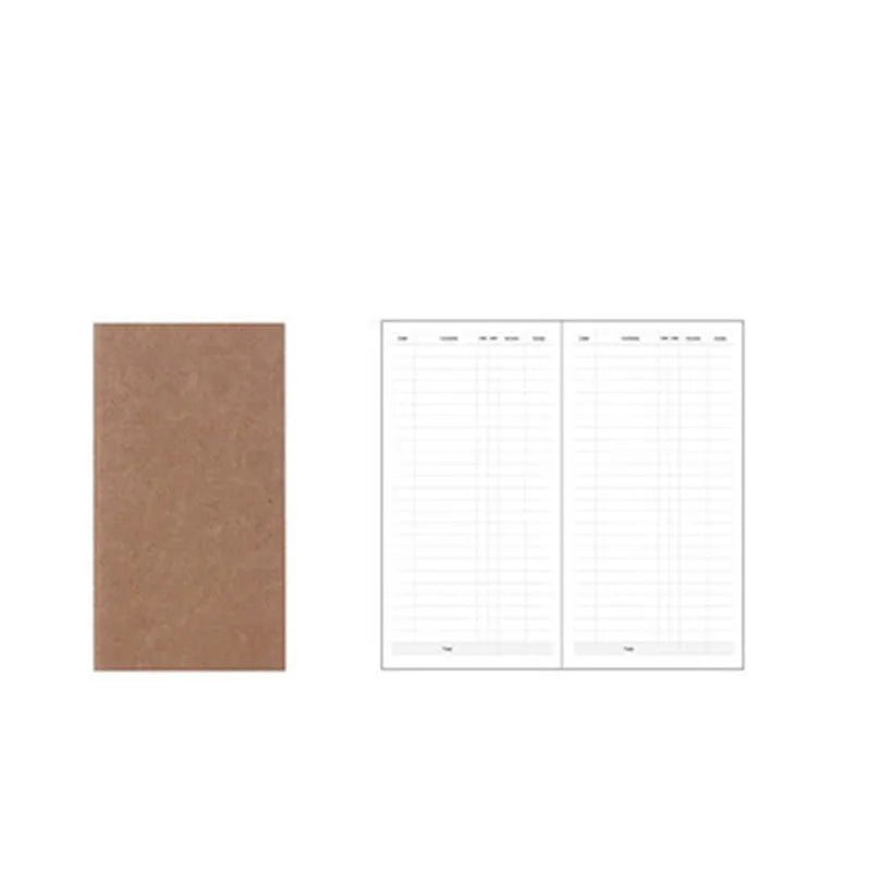 A5 kraft paper travel diary notebook with saddle stitching, open to show lined pages, on a wooden surface