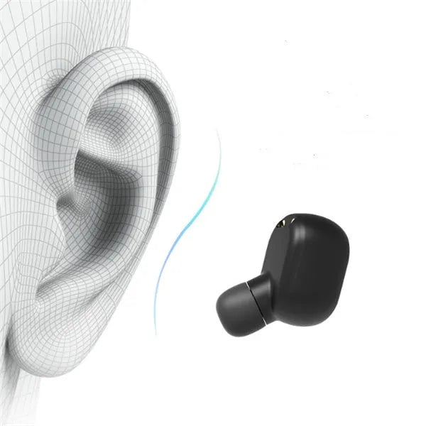 Black and white M1 wireless Bluetooth earbuds with a charging case on a table.