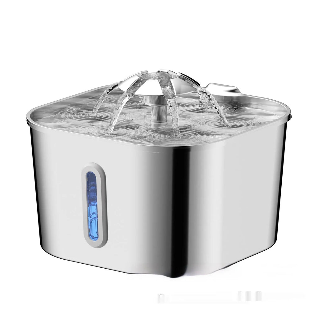 2.2L stainless steel pet water fountain with flower head vertical bar design and window dispenser for dogs and cats.