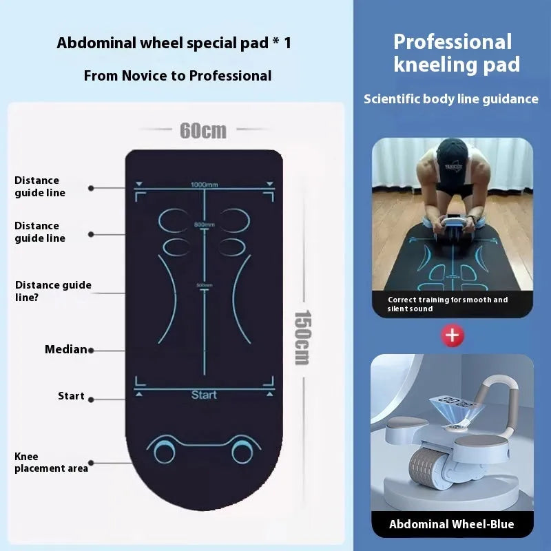 Automatic rebound abdominal exercise wheel with elbow supports in blue on a home floor.