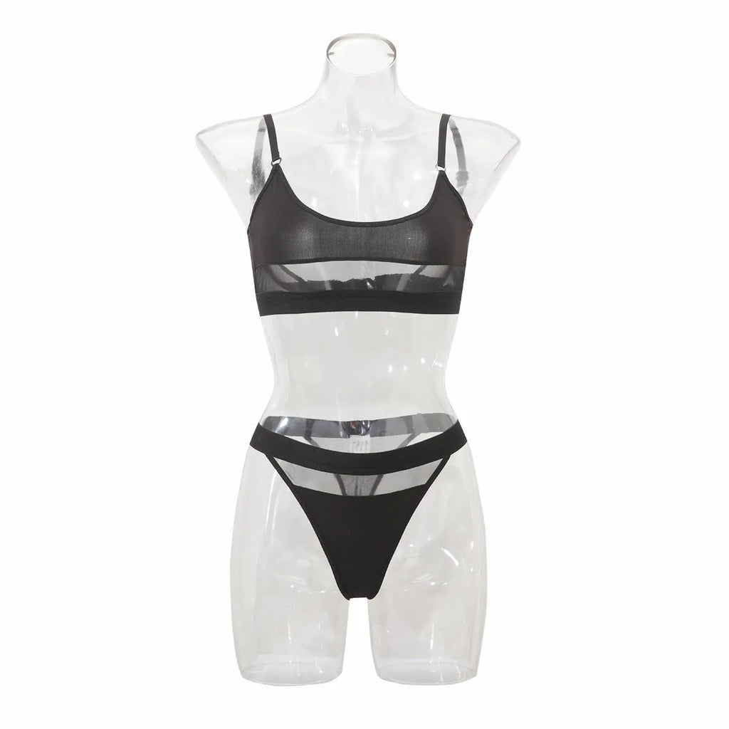 Women's black bra and panties set with fixed double-shoulder straps and full cup design