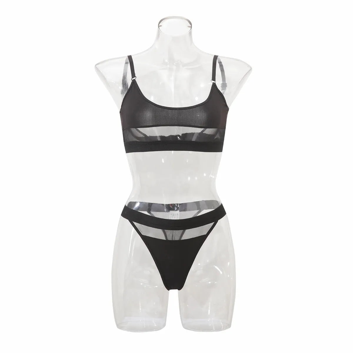 Women's black bra and panties set with fixed double-shoulder straps and full cup design