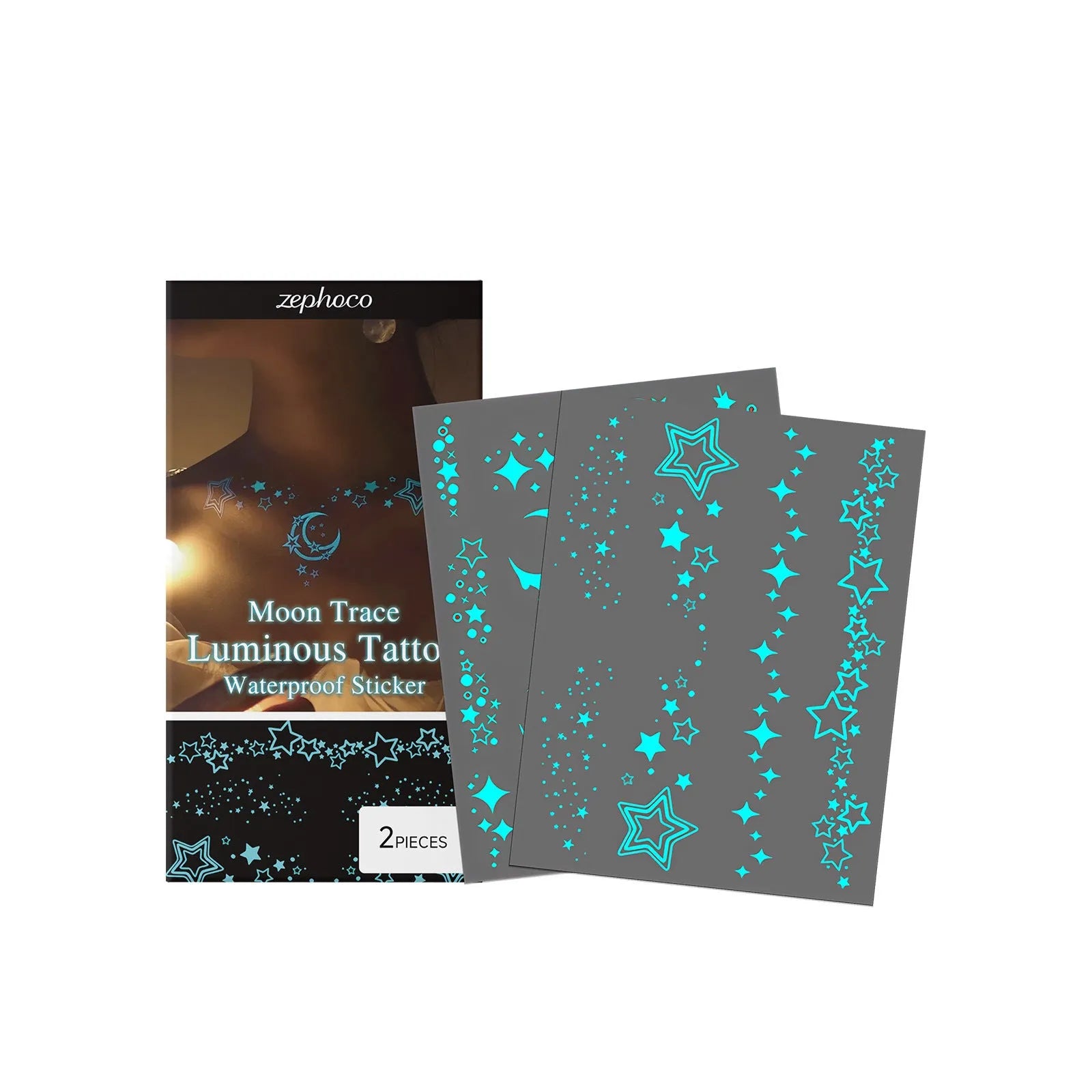 Luminous tattoo stickers set with two glow-in-the-dark designs and tattoo paste tube