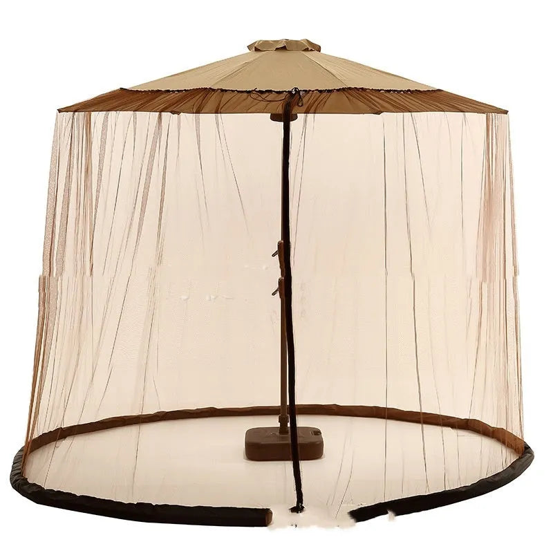 Large outdoor mosquito umbrella tent providing sunshade and insect net protection in a garden setting.