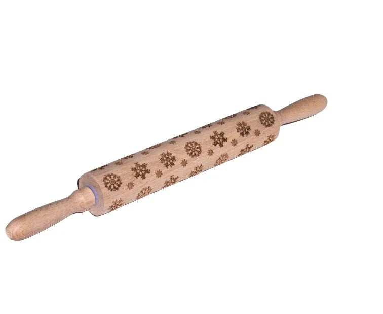 Personalized Christmas rolling pin with a variety of embossed holiday designs, including snowflakes, reindeer, and Merry Christmas patterns