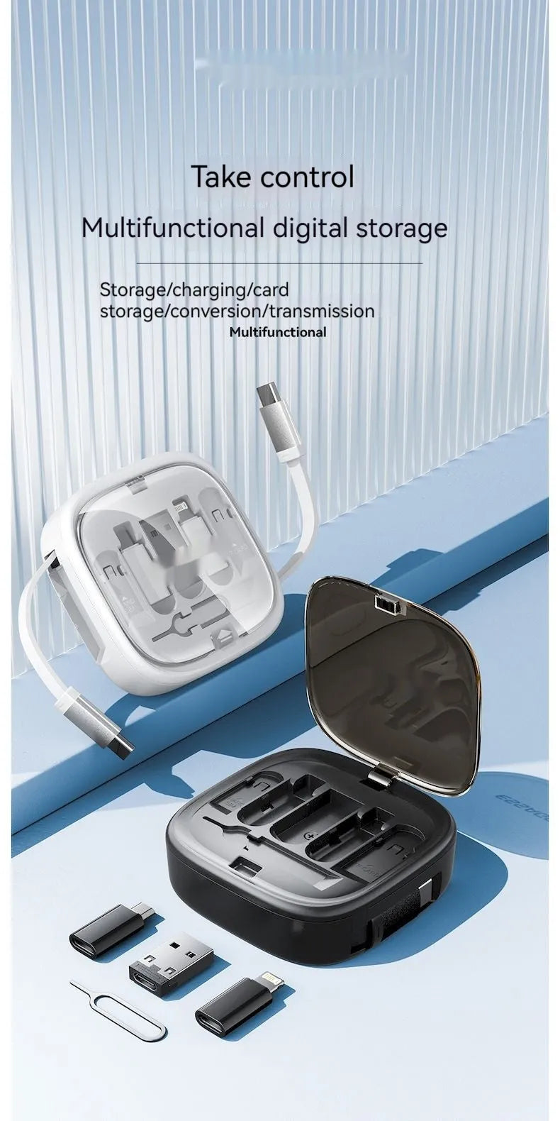 Black and white ABS PC mobile phone charging interface cable storage box with multi-function cable