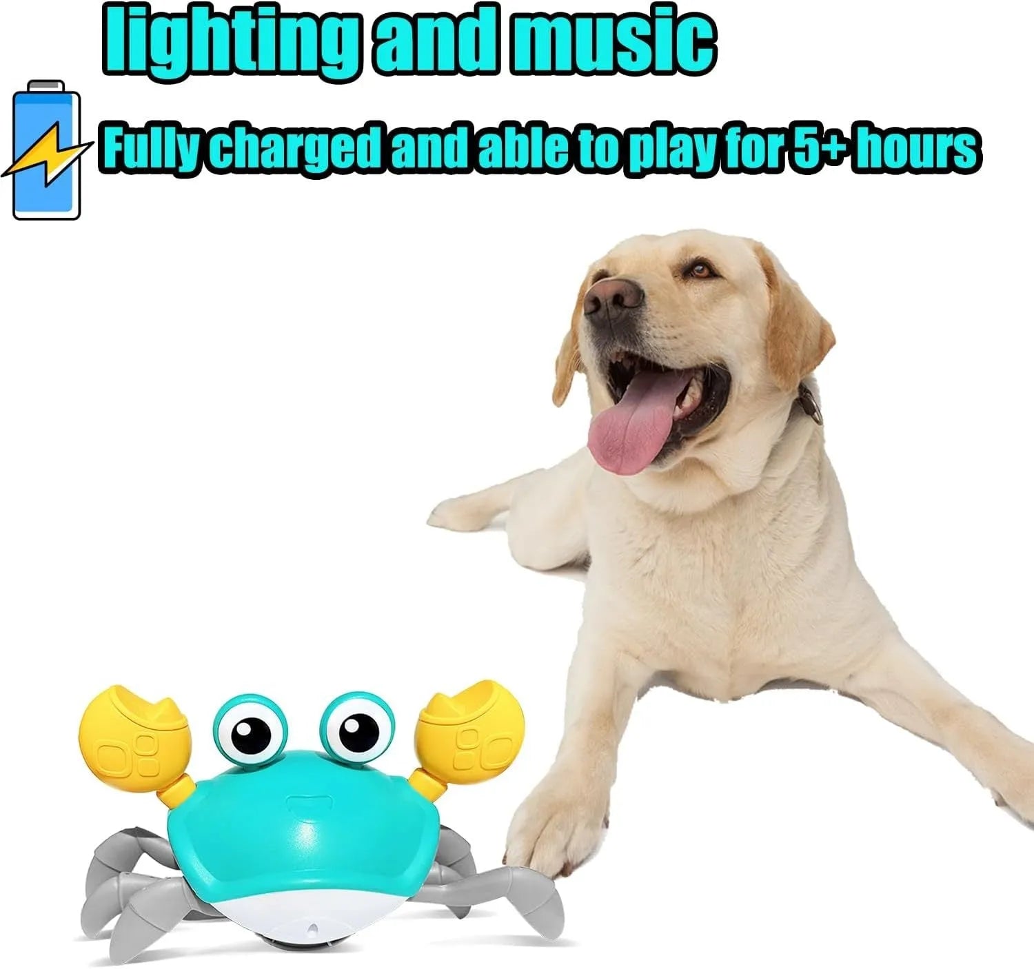 Blue crawling crab dog toy with obstacle avoidance sensors and LED lights