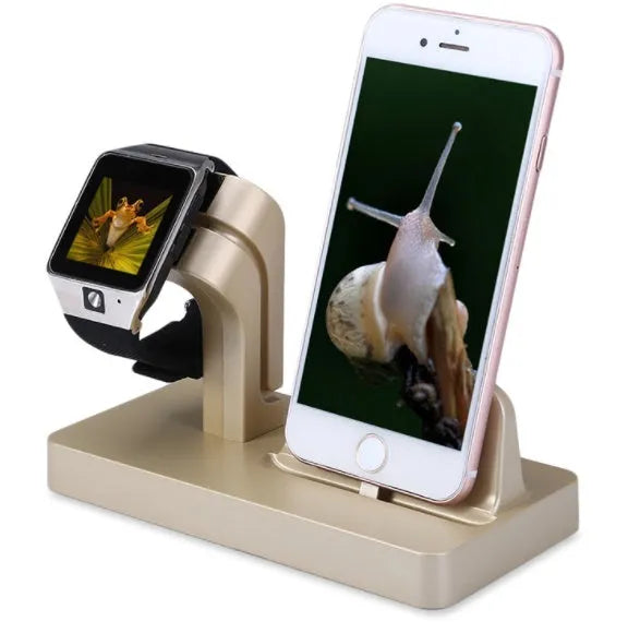 White Apple iPhone and Watch 2-in-1 charging dock station on wooden desk
