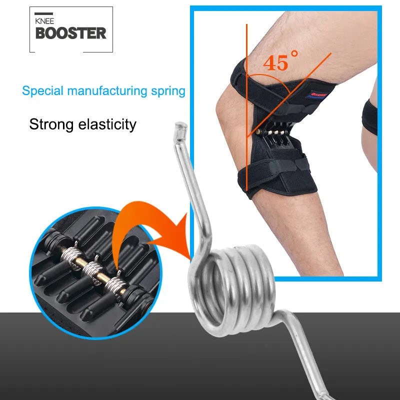 Black knee booster with carbon steel spring and Velcro straps on a neutral background