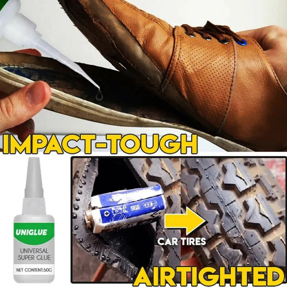 Bottle of Uniglue Universal Super Glue with pinpoint nozzle for precise application.