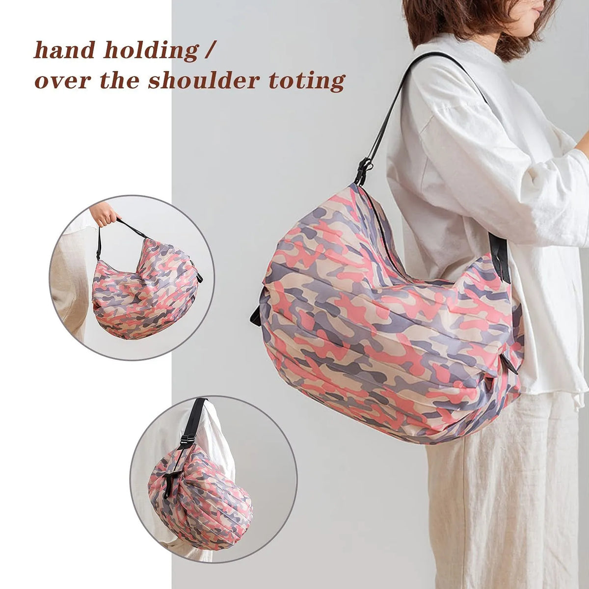 Large capacity foldable nylon shopping bag in beige yellow with zip closure, measuring 15.7 inches square