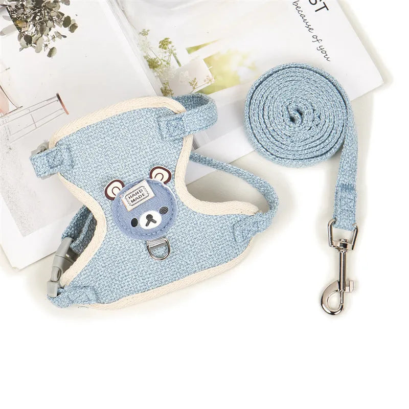 Adjustable cloth dog vest harness with rope lead in blue and pink for small and medium breeds