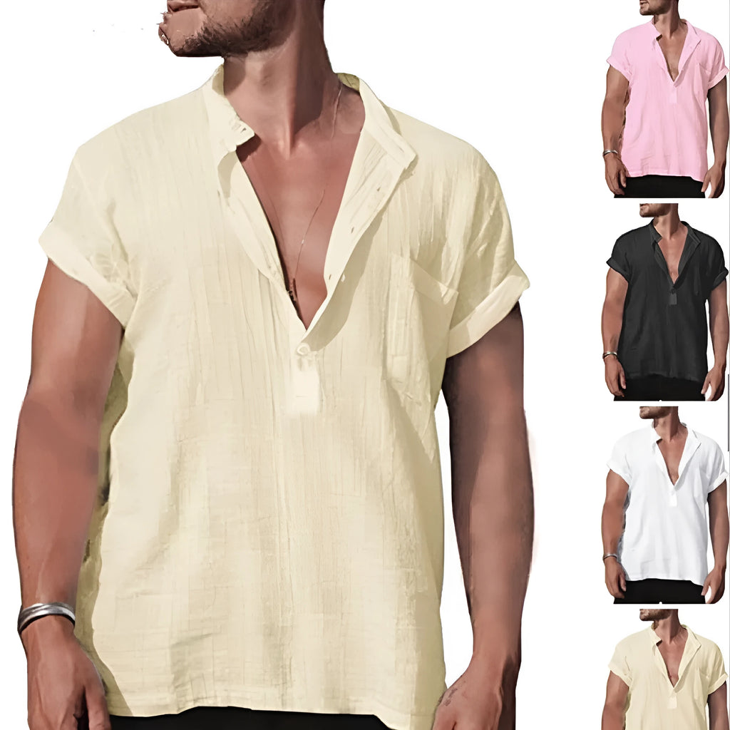 Loose 80% flax solid colour short sleeve shirt with stand neck and front pocket