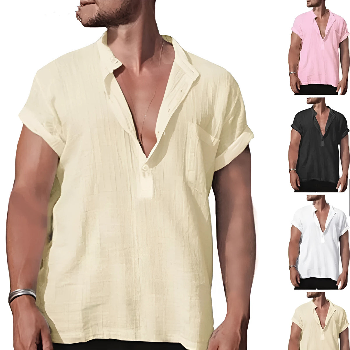 Loose 80% flax solid colour short sleeve shirt with stand neck and front pocket