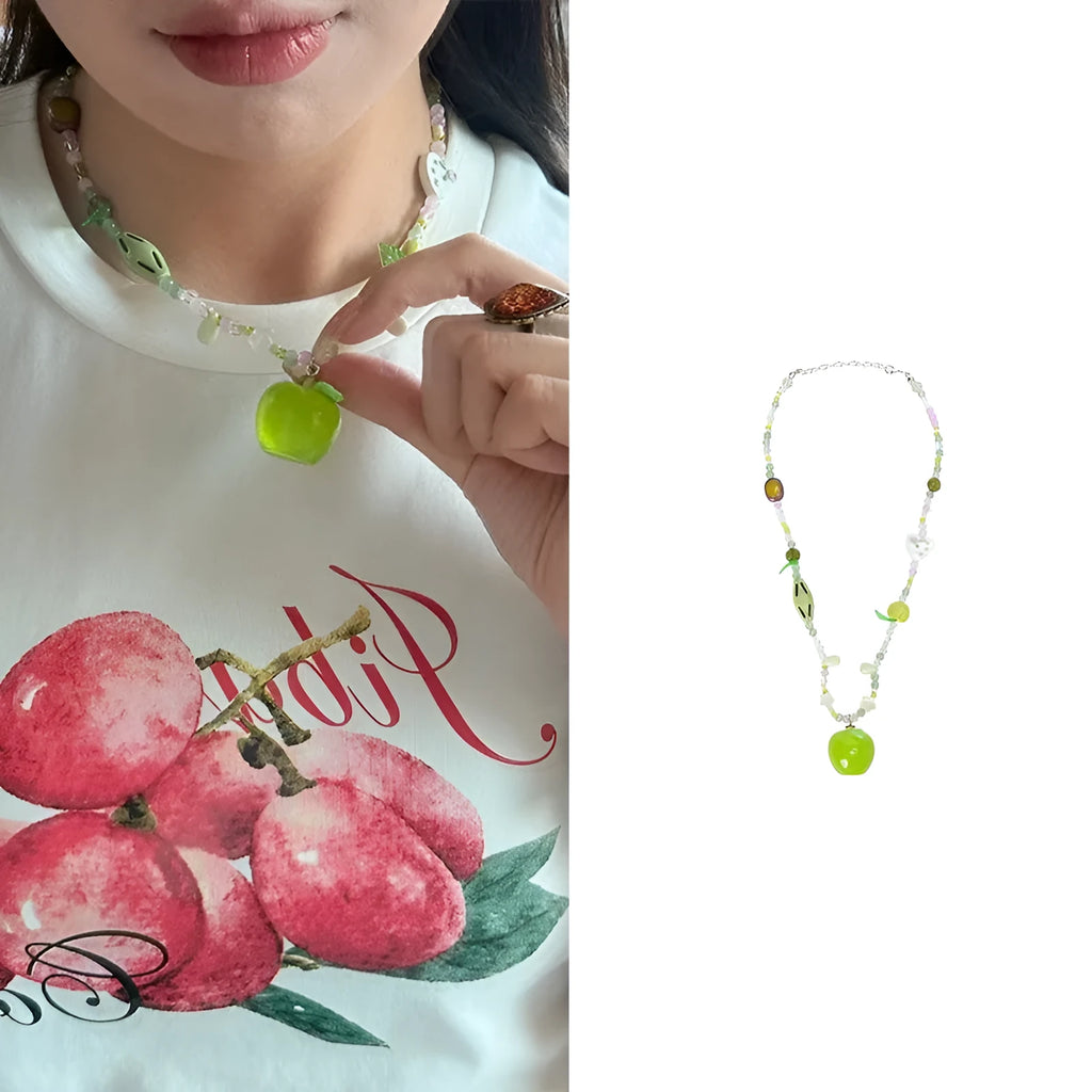 Colorful pendant beaded necklace with resin flowers and crystal on alloy chain in green apple green option