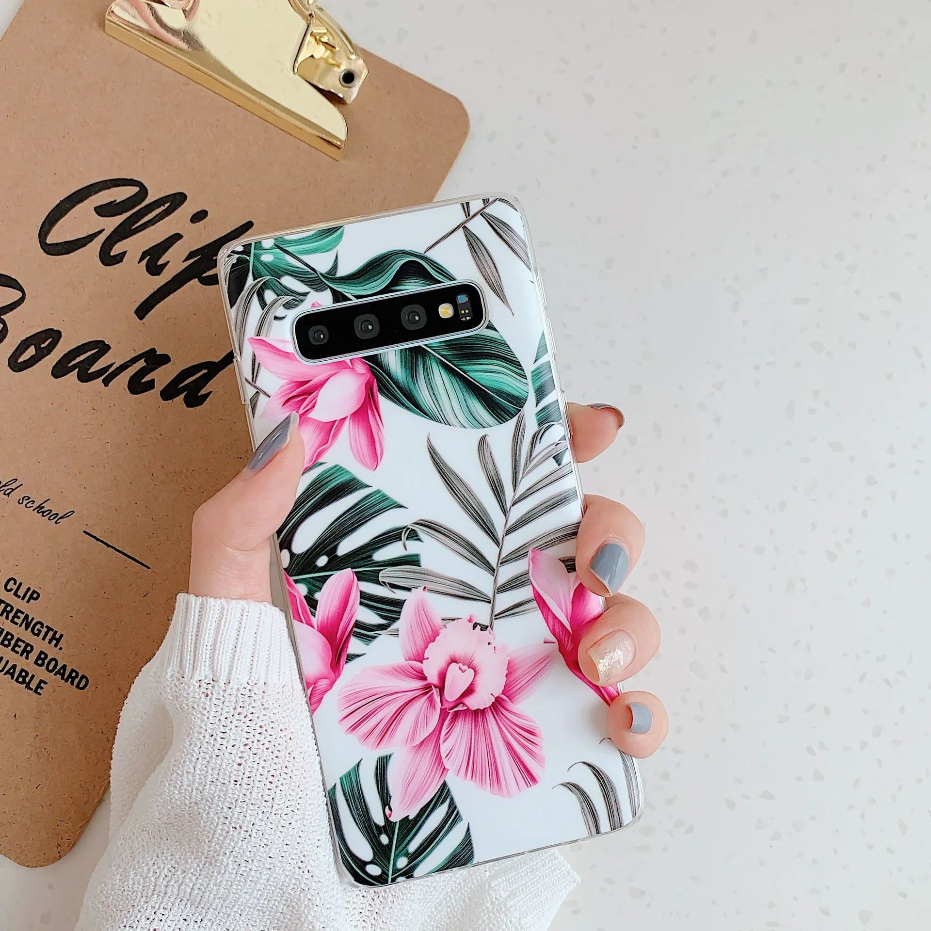 Samsung smartphone TPU case with green leaf flower pattern on back cover