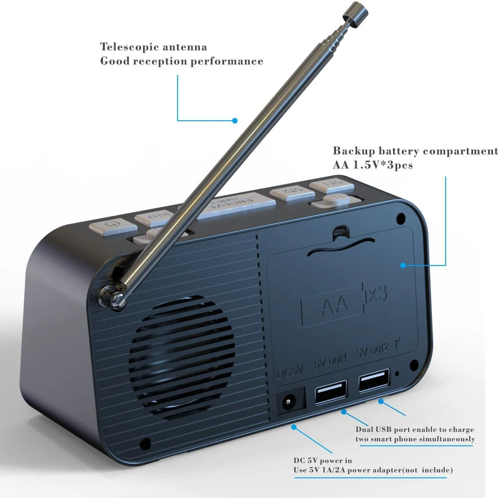 Black DAB+ bedside alarm clock with large LED display, upgrade pig tail antenna, and two USB charging ports.