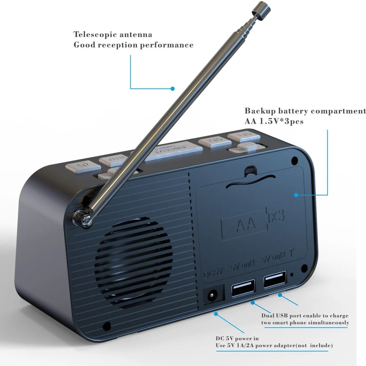 Black DAB+ bedside alarm clock with large LED display, upgrade pig tail antenna, and two USB charging ports.