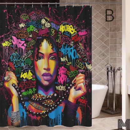 Vibrant Afro-urban printed shower curtain with modern building and African girl design