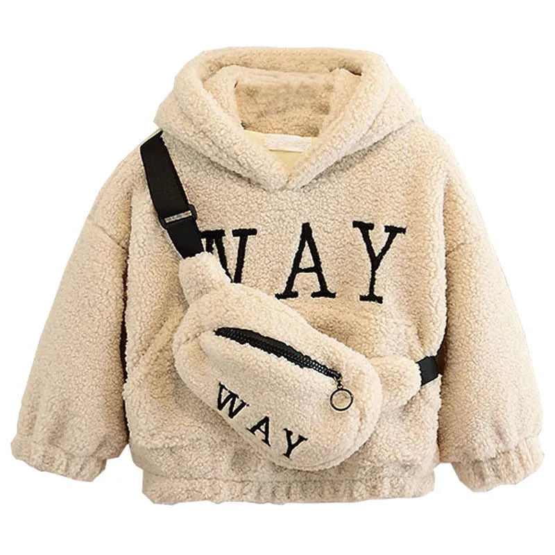 A beige children's fleece jacket with an attached hood, featuring a cartoon pattern and long sleeves.
