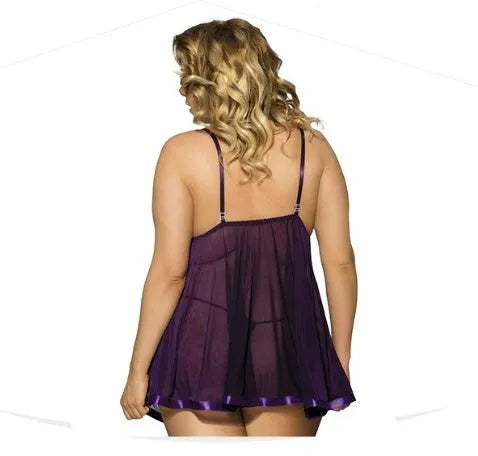 Purple mesh and lace plus size sleepdress for women with seamless construction