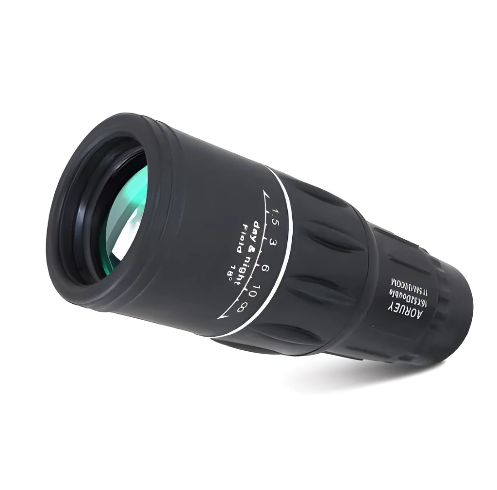 Black 16x52 high-power monocular telescope with wide-angle lens and eyepiece adjustment focus ring.