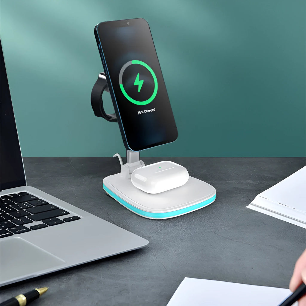 Three-in-one wireless charger foldable magnetic stand in black or white ABS