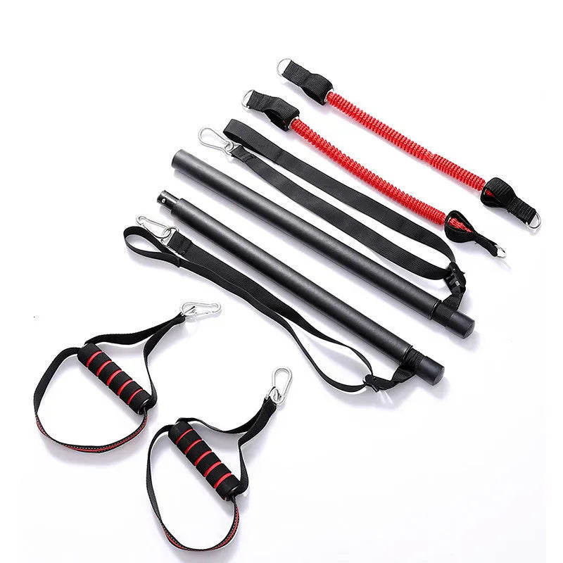 Body workout trainer bar with resistance bands and rubber buckles on a home gym floor