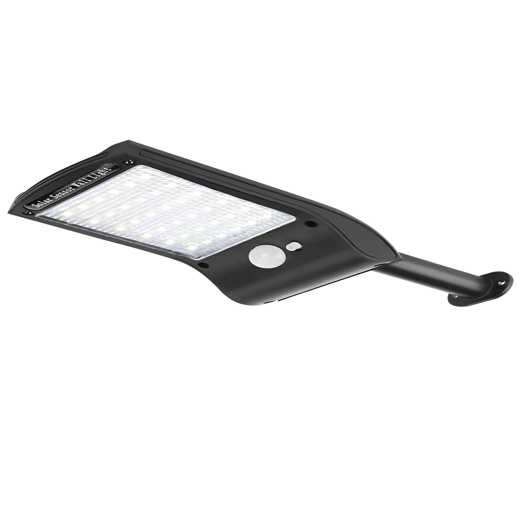 Black solar wall light with motion sensor, diamond-patterned housing, and adjustable solar panel