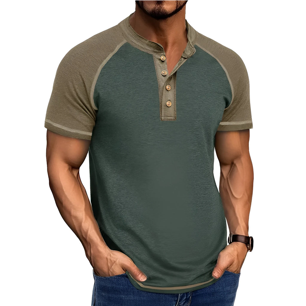 Men's short sleeve colour block pullover top with raglan sleeves in cotton blend fabric.