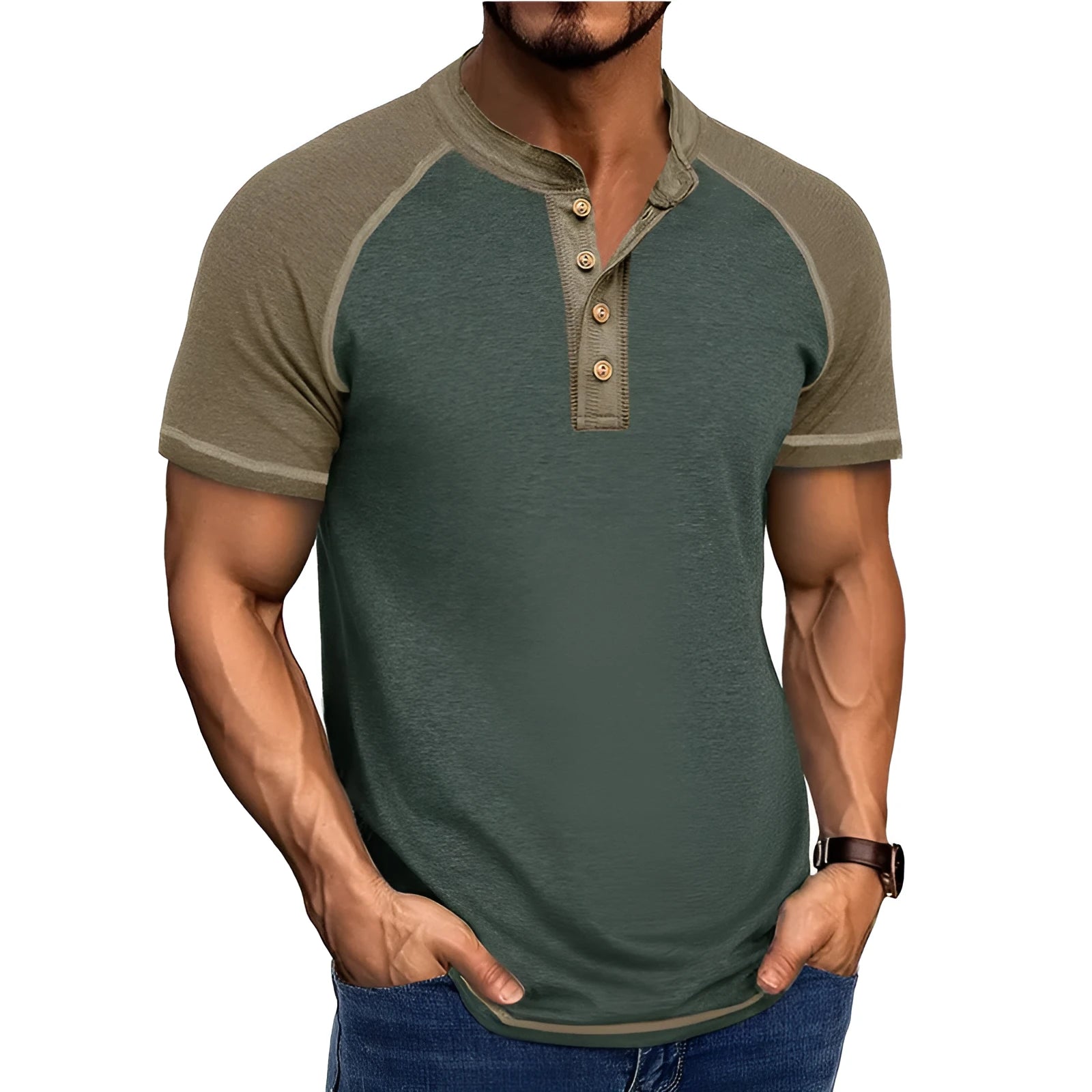 Men's short sleeve colour block pullover top with raglan sleeves in cotton blend fabric.